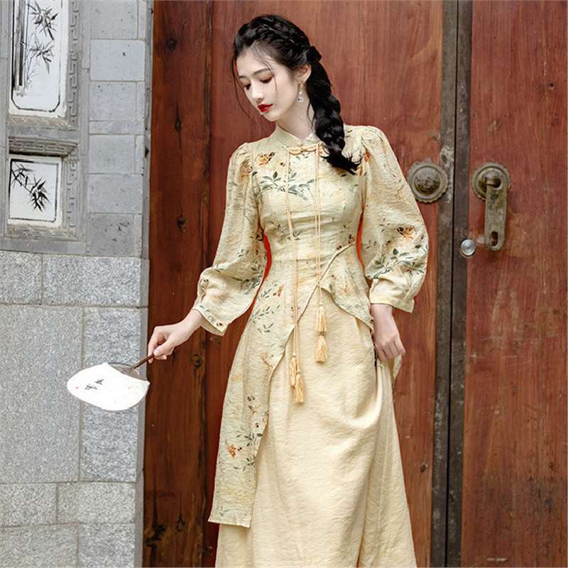 New Chinese style buckle cheongsam dress women's spring and autumn new national style retro improved version dress waist long skirt