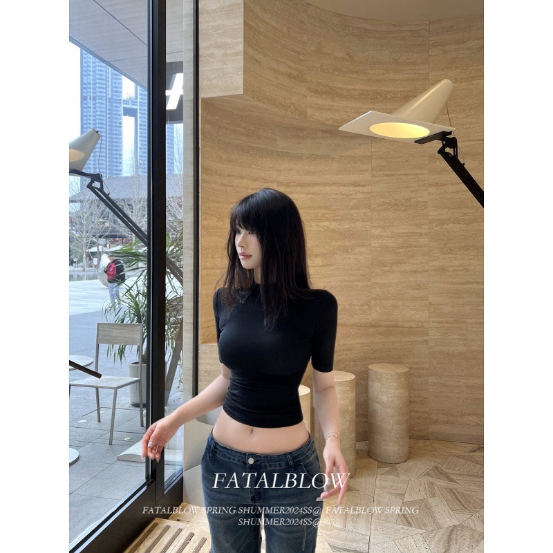 Sexy hot girl black mid-sleeve T-shirt women's summer pure lust style slim short tight right shoulder short-sleeved top