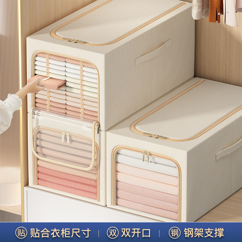 Wardrobe large window storage box with steel frame foldable clothing storage box cotton and linen moisture-proof storage box