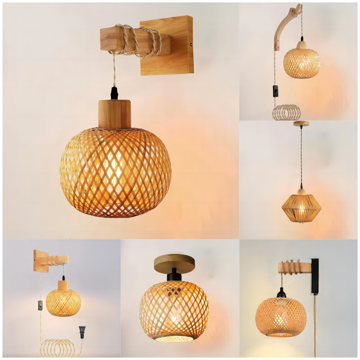 Plug-in bamboo wall lamp wooden art tea room bed and breakfast lamp Japanese rattan retro creative wabi-sabi style bedroom wall lamp