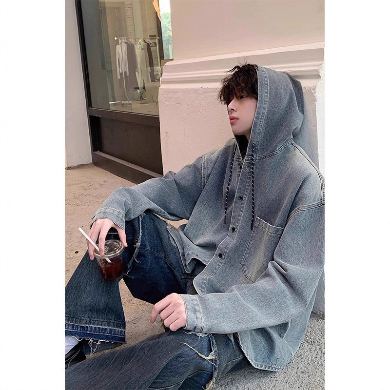 American retro hooded blue denim shirt men's washed distressed design advanced layered shirt jacket jacket