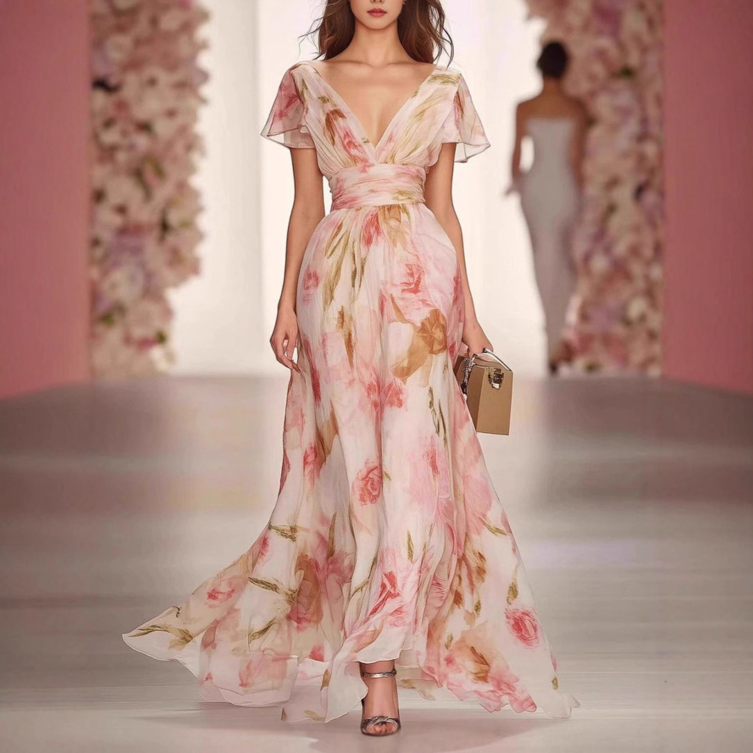 2025 European and American new high-waist printed French short-sleeved dress holiday evening dress gentle, sweet and fresh