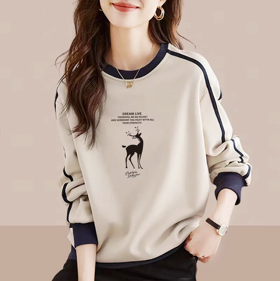 Branded pure cotton long-sleeved printed sweatshirt for women in spring, fashionable and versatile, artistic age-reducing color-blocked tops