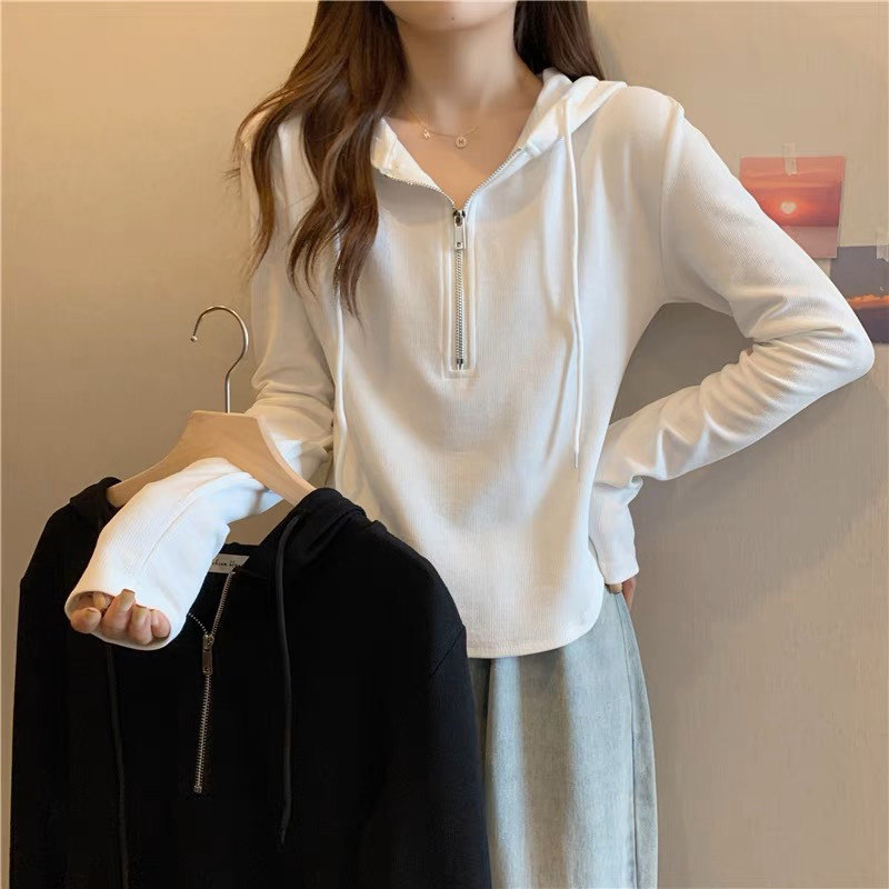 Hooded sweatshirt women's long-sleeved autumn new Korean style large size slim short zipper versatile slim top for women