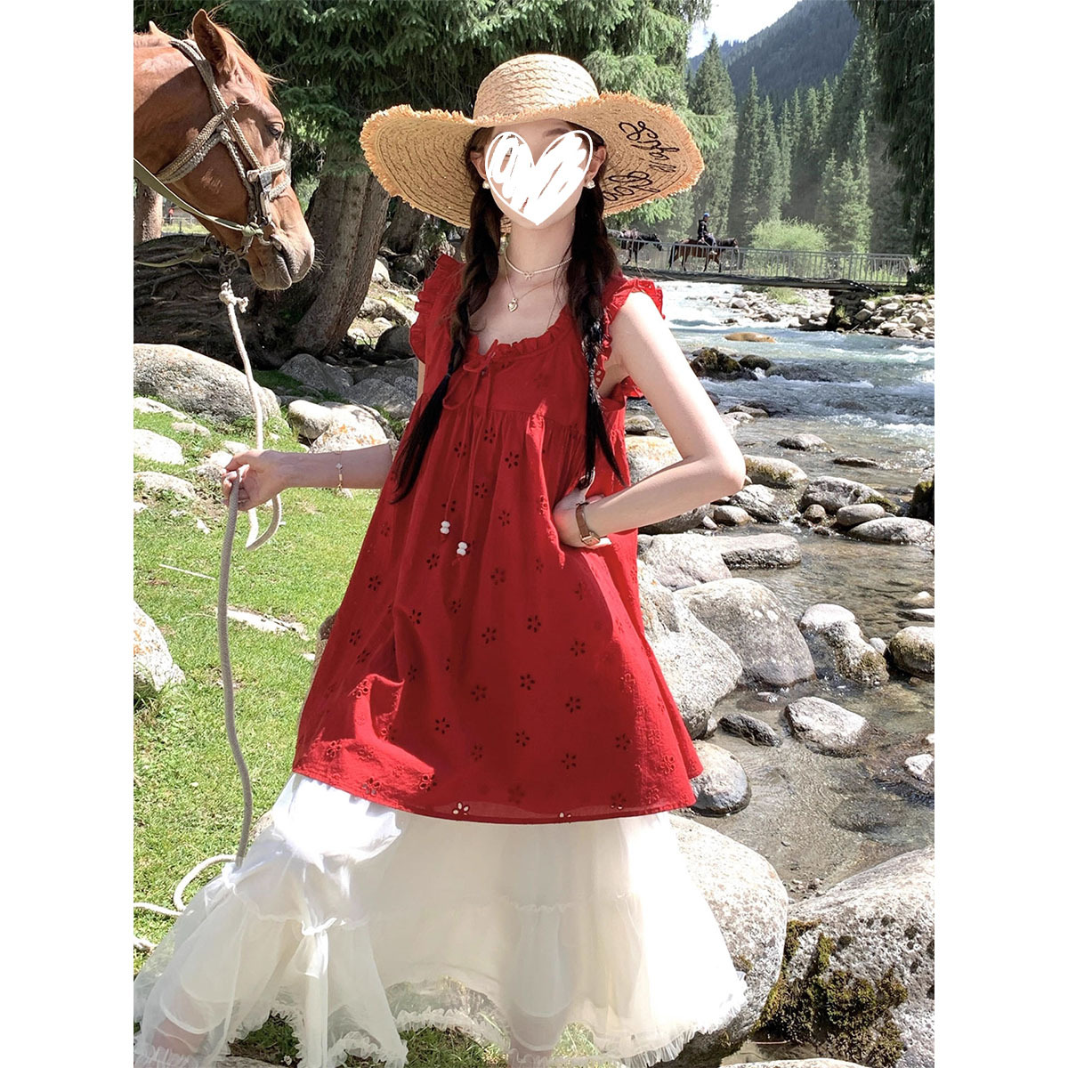 French resort style red mid-length hollow loose suspender dress for women white mesh skirt two-piece set