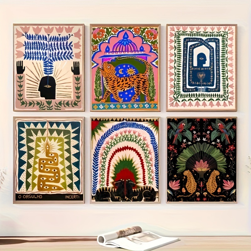 6 pieces abstract tiger movie poster colorful canvas wall art coffee shop decoration bar poster colorful illustration