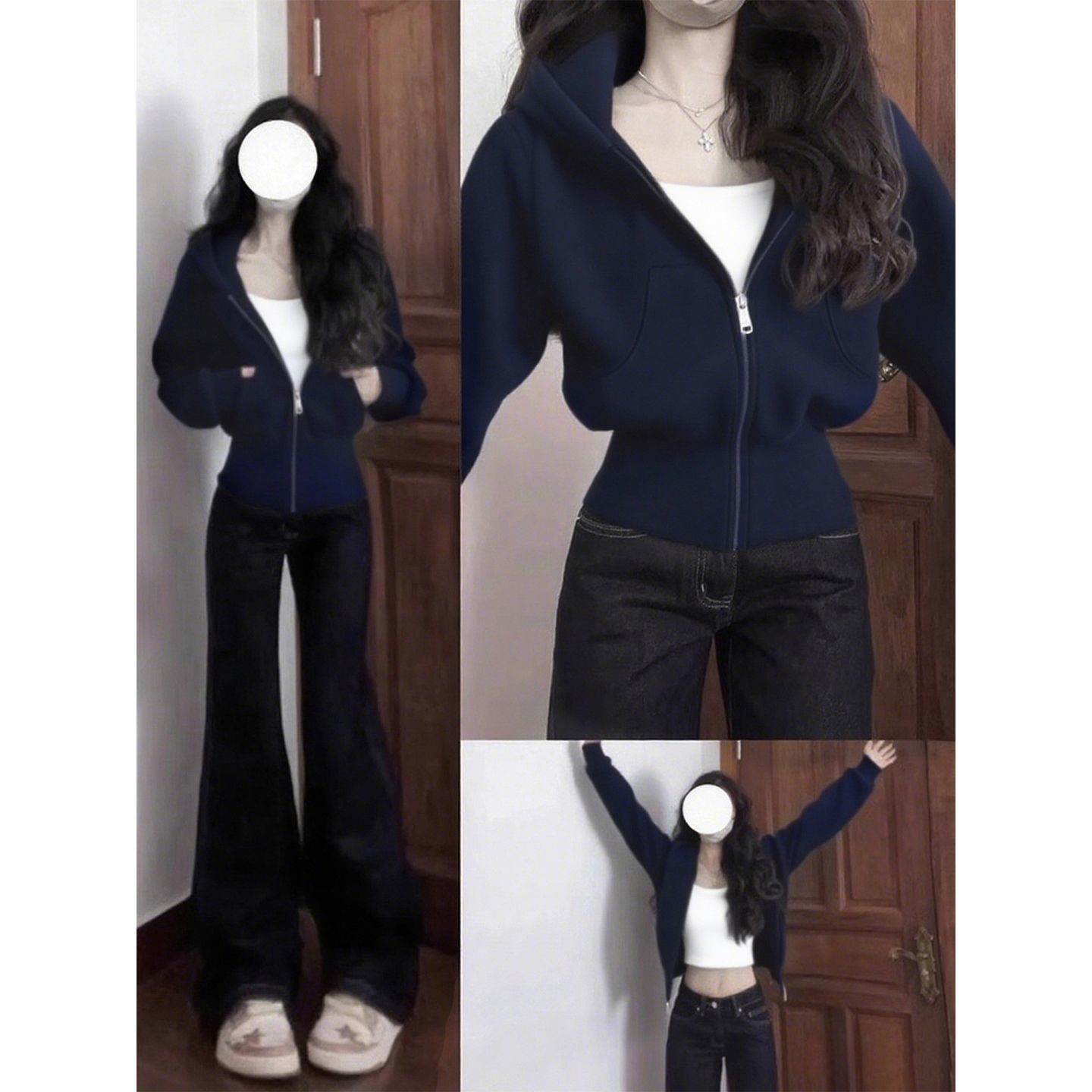 Navy Slim Short Sweatshirt Jacket Women's Autumn New Waist Slimming Top Korean Versatile Sports Cardigan