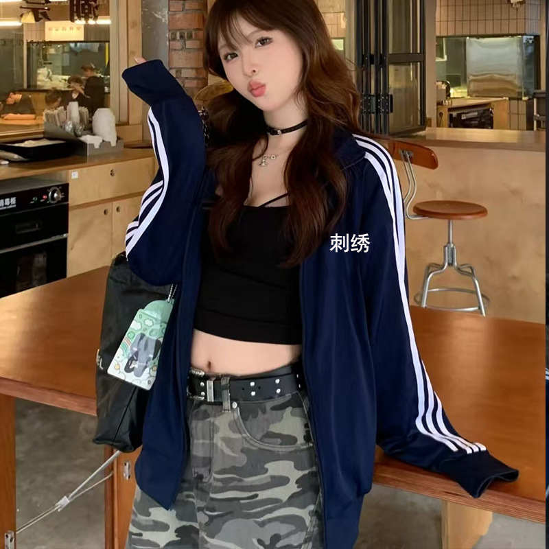 Korean style golden winter same style coat three stripes three leaves embroidery stand collar cardigan sweatshirt jacket tops for men and women