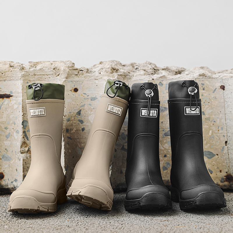 High-quality cross-border couple's mid-calf rain boots, drawstring waterproof rain boots, outdoor river tracing thick-soled water shoes, non-slip kitchen rubber shoes