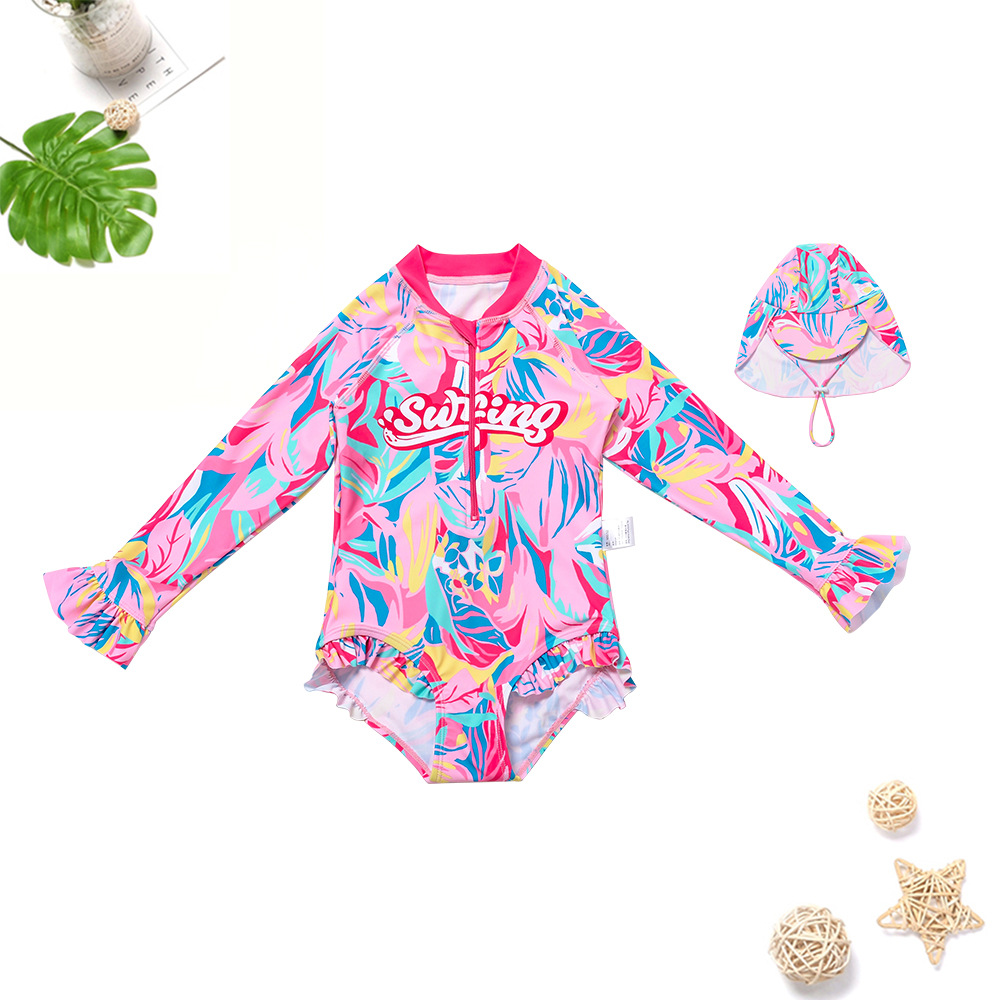 Children and girls category A pink cute flower swimsuit UPF50+ quick-drying long-sleeved triangle one-piece swimsuit