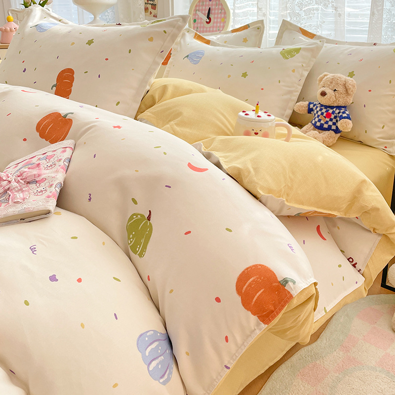 Mother and baby grade A four-piece set pure cotton genuine can sleep naked bed sheet quilt cover thickened ins small fresh dormitory three-piece set