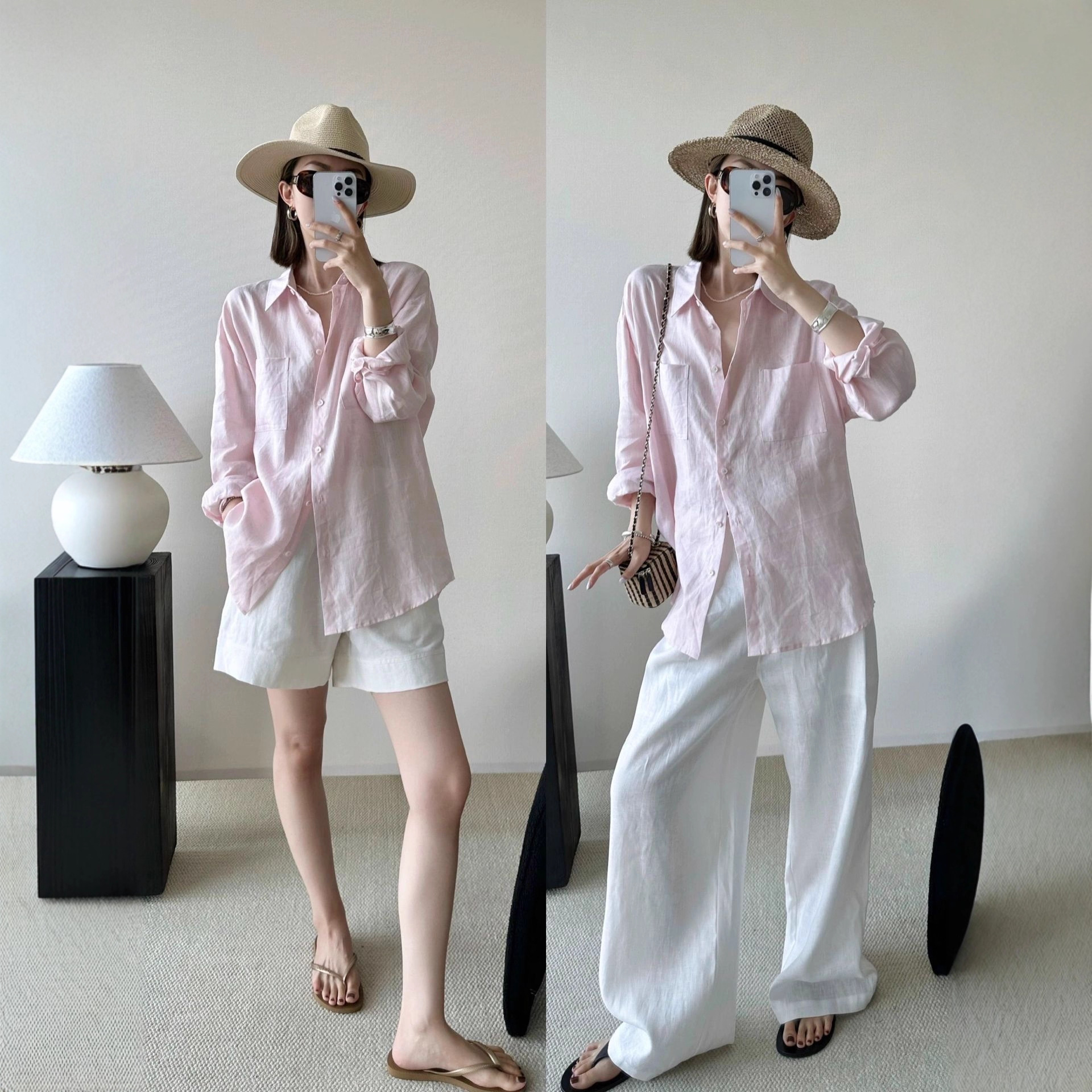 High-end cotton and linen long-sleeved light pink shirts for women, loose and elegant cotton and linen shirts