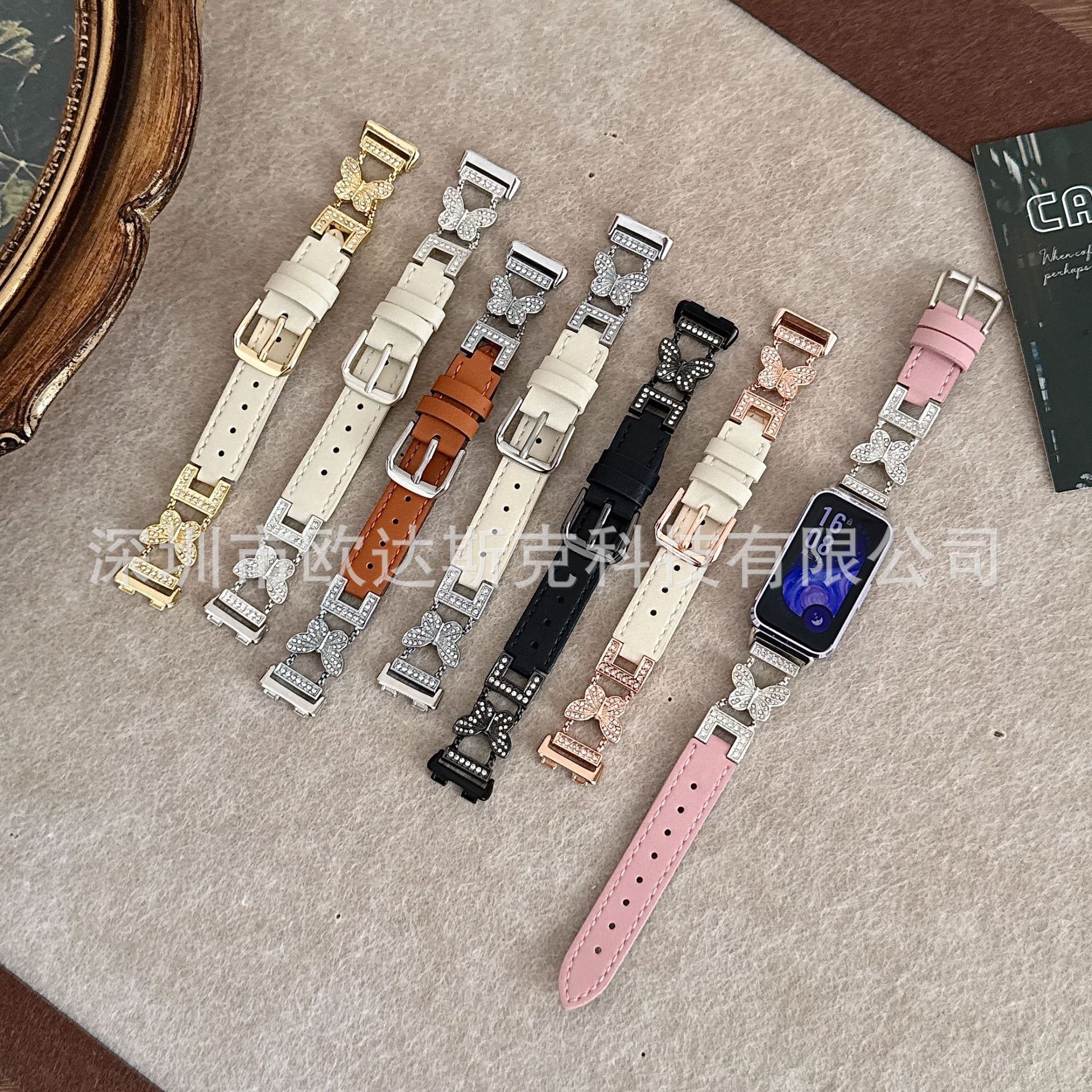 Suitable for smart Huawei bracelet 8.9.10 butterfly diamond-studded plain leather watch strap-Huawei 18/20/22mm