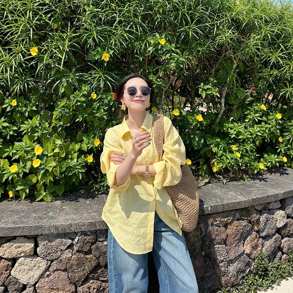 Yellow 100 cotton and linen shirt for women 2025 spring and autumn Korean version versatile thin sun protection shirt chic top