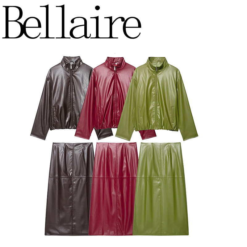 ZA foreign trade wholesale European and American style French women's clothing American retro leather skirt stand-up collar leather jacket suit