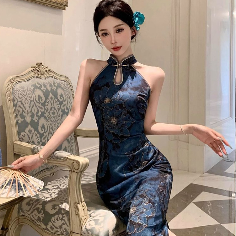 New Chinese style socialite elegant retro printed slit improved cheongsam dress slit sleeveless button dress for women