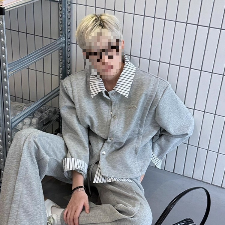 Korean style striped patchwork shirt collar fake two-piece jacket for men autumn and winter college style casual cardigan sweatshirt