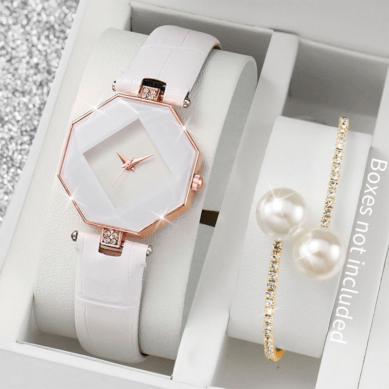 2PCS Fashion Women's Watch Casual Leather Strap Analog Quartz Watch Pearl Bracelet Set