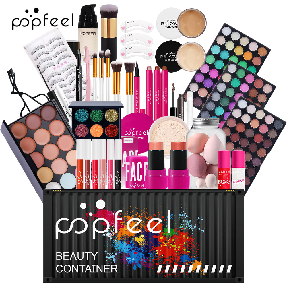POPFEEL full set of women's cosmetics container-packed eye shadow, lip gloss, lipstick, foundation, puff and other makeup tools