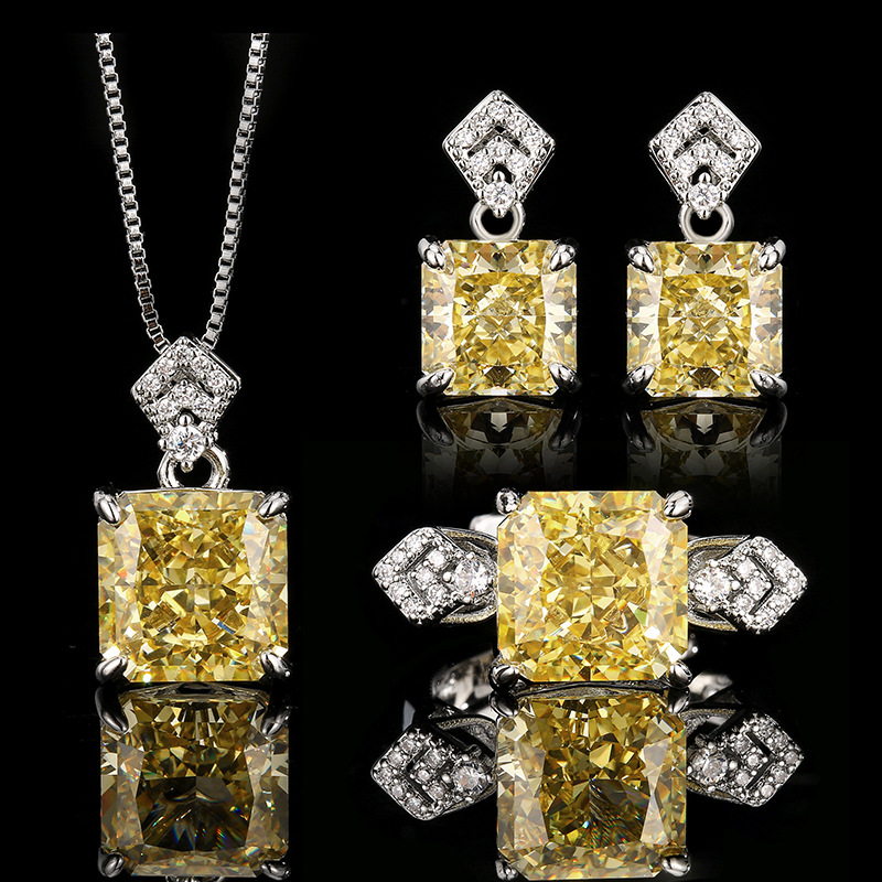 Jewelry jewelry set square high carbon diamond yellow diamond women's earrings ring necklace niche high-end versatile wholesale