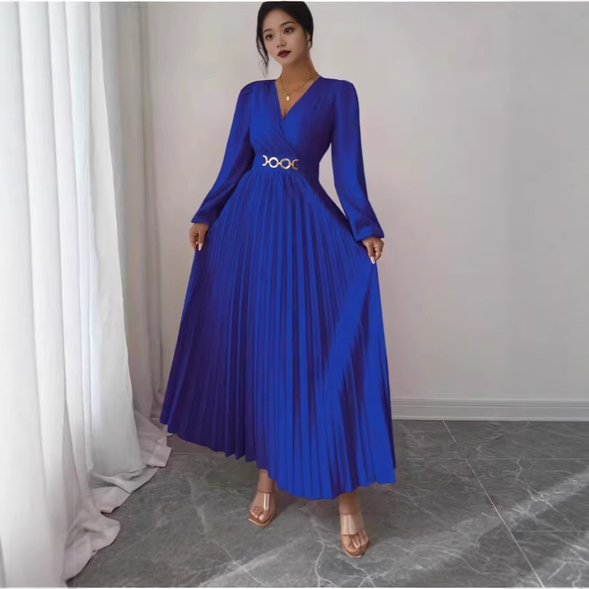 Cross-border popular V-neck dress for all seasons, European and American long-sleeved dress, v-neck metal accessories fashionable and elegant dress