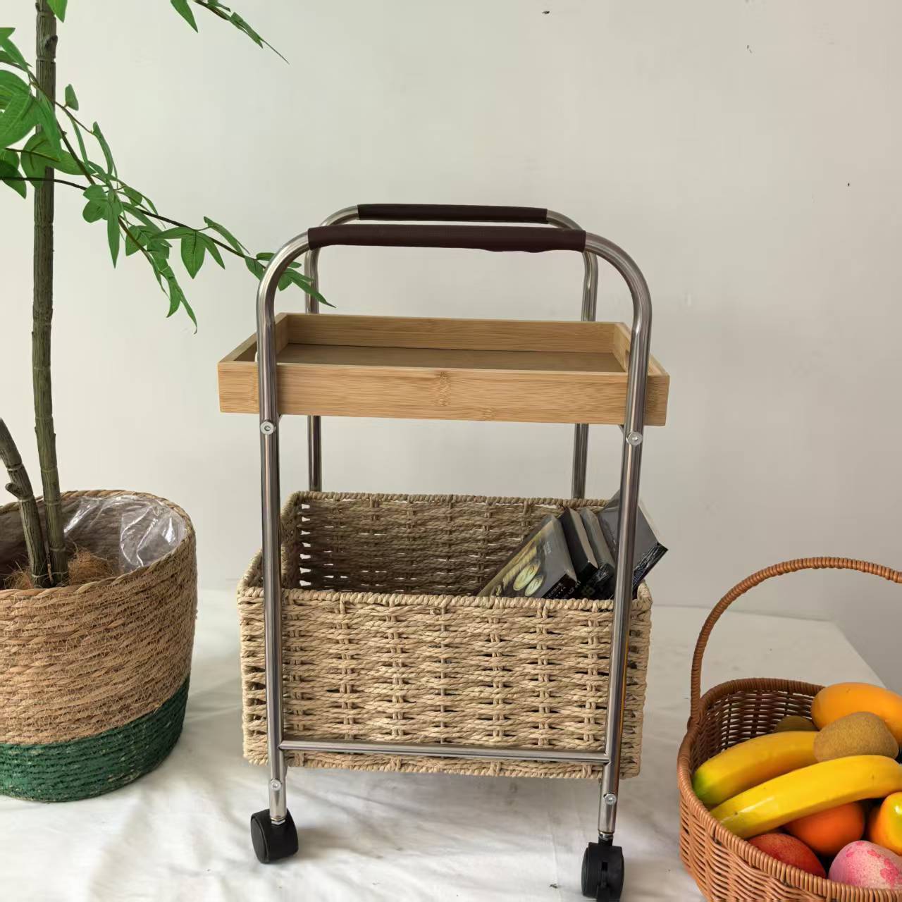 Medieval trolley home decoration paper rope braided storage rack snack rack floor-standing