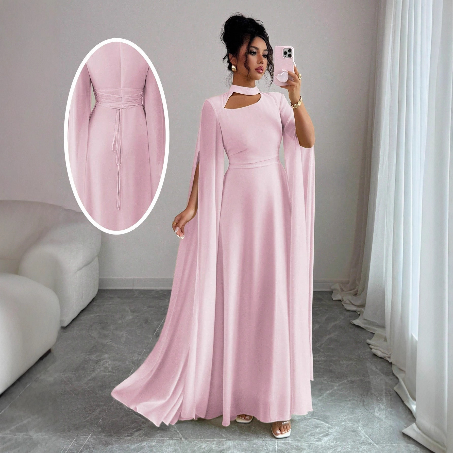 Spring and summer European and American women's lace-up party skirt, dance banquet dress, slimming waist, slimming temperament, long-sleeved dress