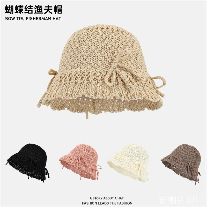 High-end Korean style versatile casual bow accessories knitted hollow bucket hat plain hat sun protection sun protection day